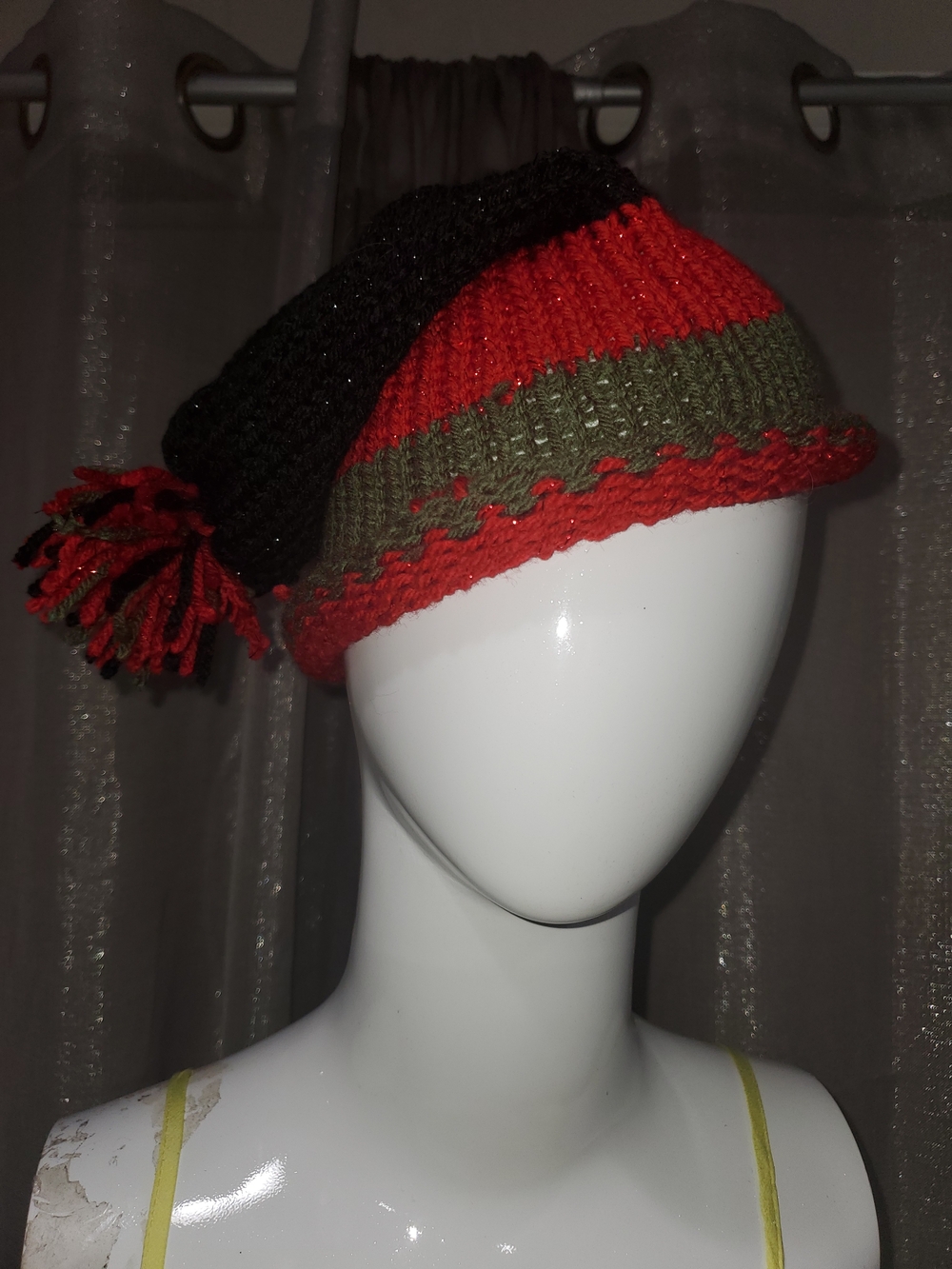 Striped Red, Olive & Black Knit Slouch Beanie Hat